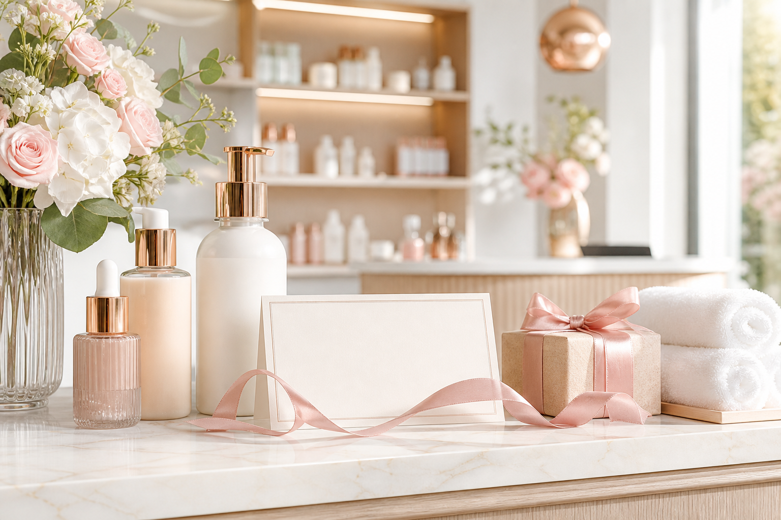 Prodotti skincare e make-up su banco reception