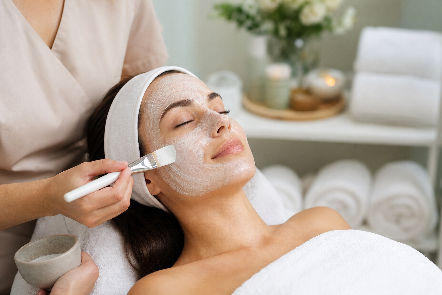 Trattamento viso con maschera applicata con pennello